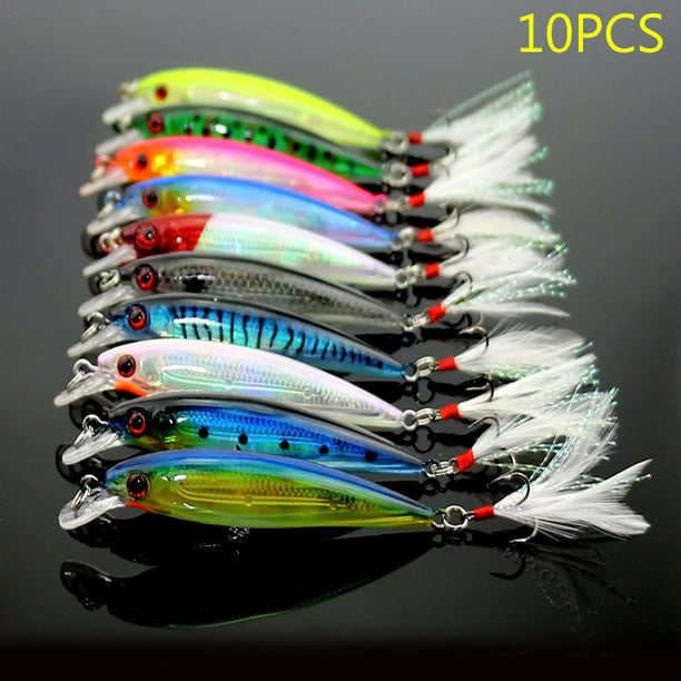 10pcs Fishing Lure Minnow Wobblers Hard Bait with Feather Hooks Fishing Tackle 7 